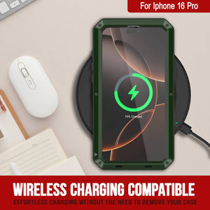 Funda de metal para iPhone 16 Pro, carcasa resistente de grado militar [a prueba de golpes], carcasa rígida de cuerpo completo [verde oscuro]