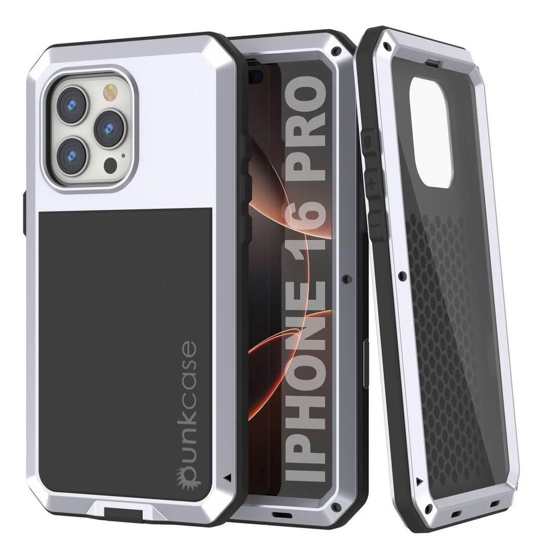 Funda de metal para iPhone 16 Pro, carcasa de armadura de grado militar resistente [a prueba de golpes], carcasa rígida de cuerpo completo [blanca]