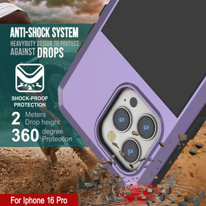 Funda de metal para iPhone 16 Pro, carcasa resistente de grado militar [a prueba de golpes], carcasa rígida de cuerpo completo [morado]