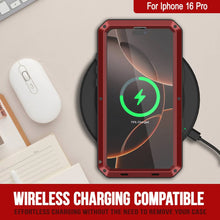 Cargar imagen en el visor de la galería, Funda de metal para iPhone 16 Pro, carcasa de armadura de grado militar resistente [a prueba de golpes], carcasa rígida de cuerpo completo [roja]
