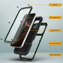 Cargar imagen en el visor de la galería, Funda de metal para iPhone 16 Pro, carcasa resistente de grado militar [a prueba de golpes], carcasa rígida de cuerpo completo [verde oscuro]
