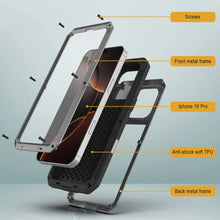 Cargar imagen en el visor de la galería, Funda de metal para iPhone 16 Pro, carcasa de armadura de grado militar resistente [a prueba de golpes], carcasa rígida de cuerpo completo [plateada]
