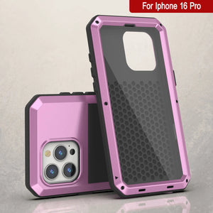 Funda de metal para iPhone 16 Pro, carcasa resistente de grado militar [a prueba de golpes], carcasa rígida de cuerpo completo [rosa]