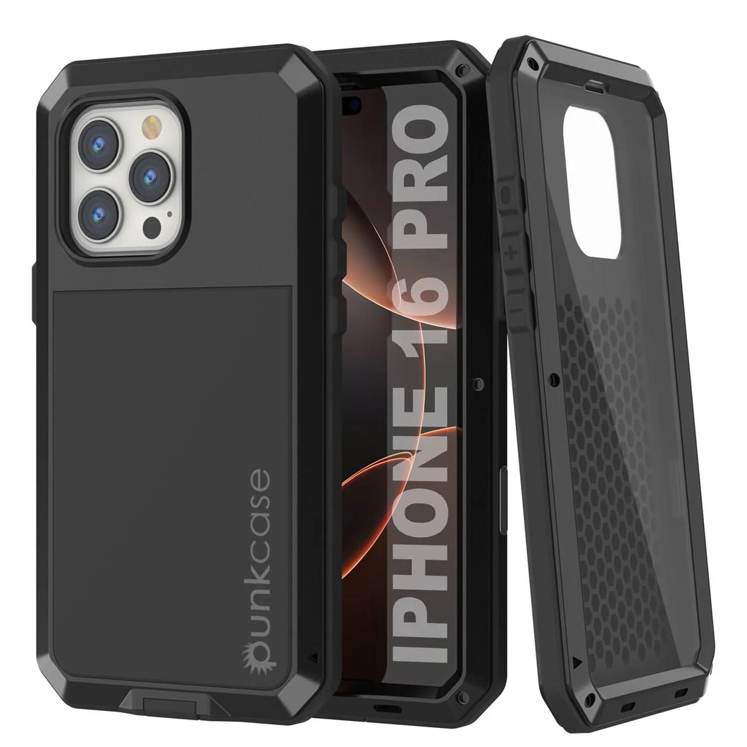 Funda de metal para iPhone 16 Pro, carcasa de armadura resistente de grado militar [a prueba de golpes], carcasa rígida de cuerpo completo [negra]