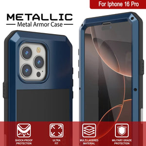 Funda de metal para iPhone 16 Pro, carcasa de armadura resistente de grado militar [a prueba de golpes], carcasa rígida de cuerpo completo [azul]