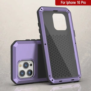 Funda de metal para iPhone 16 Pro, carcasa resistente de grado militar [a prueba de golpes], carcasa rígida de cuerpo completo [morado]