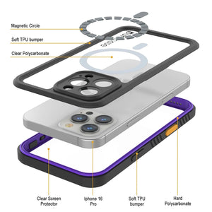 Funda impermeable para iPhone 16 Pro, Punkcase [Extreme Mag Series] Armor Cover con protector de pantalla incorporado [púrpura]