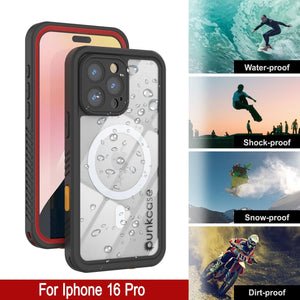 Funda impermeable para iPhone 16 Pro, Punkcase [Extreme Mag Series] Armor Cover con protector de pantalla incorporado [Rojo]