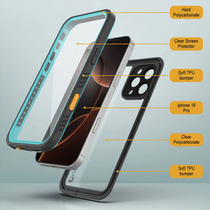 Funda impermeable para iPhone 16 Pro, Punkcase [Extreme Series] Armor Cover con protector de pantalla incorporado [verde azulado]