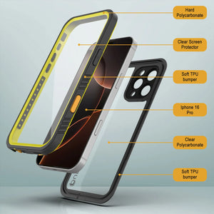 Funda impermeable para iPhone 16 Pro, Punkcase [Extreme Series] Armor Cover con protector de pantalla incorporado [amarillo]