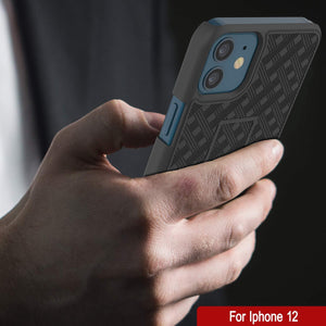 Punkcase iPhone 12 Case With Tempered Glass Screen Protector, Holster Belt Clip & Built-In Kickstand [Black] 
