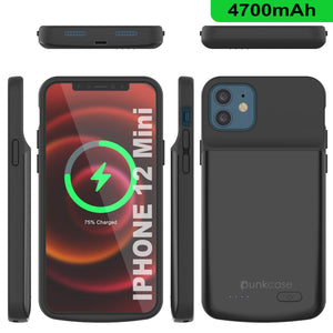 iPhone 12 Mini Battery Case, PunkJuice 4700mAH Fast Charging Power Bank W/ Screen Protector | [Black] 