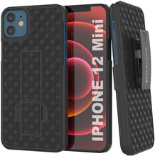 Cargar imagen en el visor de la galería, Punkcase iPhone 12 Mini Case With Tempered Glass Screen Protector, Holster Belt Clip &amp; Built-In Kickstand [Black] (Color in image: Black)
