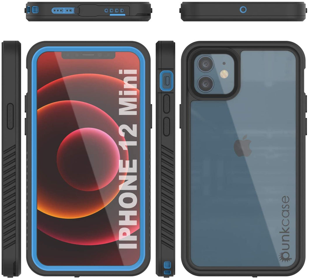 iPhone 12 Mini Waterproof Case, Punkcase [Extreme Series] Armor Cover W/ Built In Screen Protector [Light Blue] (Color in image: Light Blue)