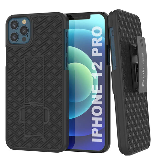 Punkcase iPhone 12 Pro Case With Tempered Glass Screen Protector, Holster Belt Clip & Built-In Kickstand [Black] (Color in image: Black)