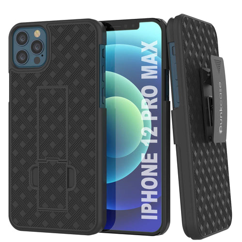 Punkcase iPhone 12 Pro Max Case With Tempered Glass Screen Protector, Holster Belt Clip & Built-In Kickstand [Black] (Color in image: Black)