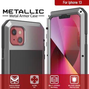iPhone 13 Metal Case, Heavy Duty Military Grade Armor Cover [shock proof] Full Body Hard [Silver] 