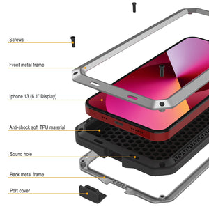 iPhone 13 Metal Case, Heavy Duty Military Grade Armor Cover [shock proof] Full Body Hard [Silver] (Color in image: Red)