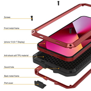 iPhone 13 Metal Case, Heavy Duty Military Grade Armor Cover [shock proof] Full Body Hard [Red] (Color in image: Silver)