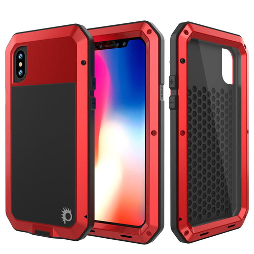 iPhone X Metal Case, Heavy Duty Military Grade Rugged Armor Cover [shock proof] Hybrid Full Body Hard Aluminum & TPU Design (Color in image: Red)