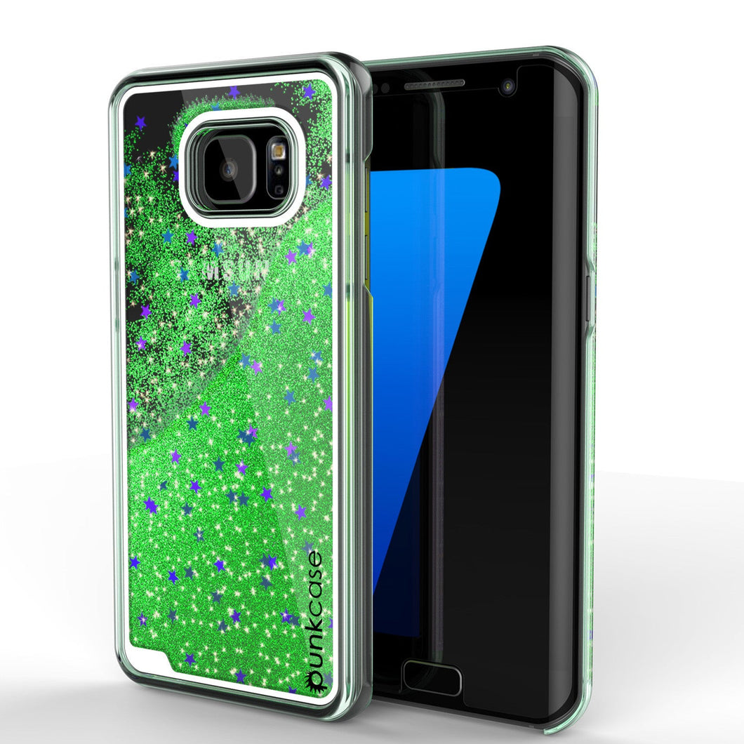S7 Edge Case, PunkCase LIQUID Green Series, Protective Dual Layer Floating Glitter Cover (Color in image: green)
