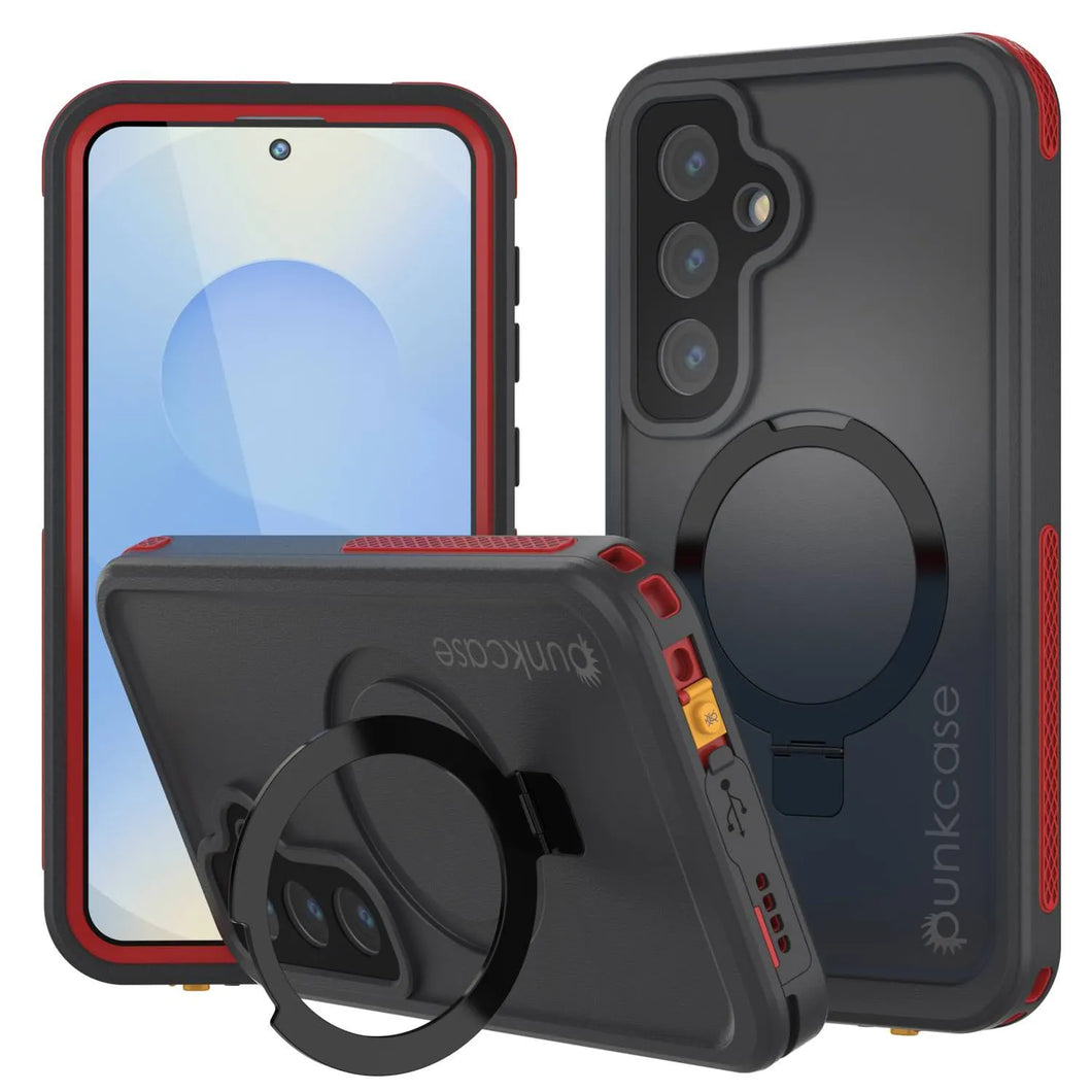 Case impermeable Galaxy S25 [Serie Kickstud 2.0] Cubierta IP68 protectora con protector de pantalla y Kickstand [rojo]