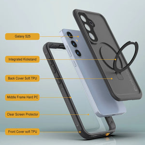 Case impermeable Galaxy S25 [Serie Kickstud 2.0] Cubierta IP68 protectora con protector de pantalla y Kickstand [Gray]