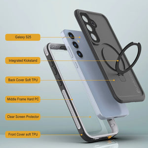 Case impermeable Galaxy S25 [Serie Kickstud 2.0] Cubierta IP68 protectora con protector de pantalla y Kickstand [blanco]
