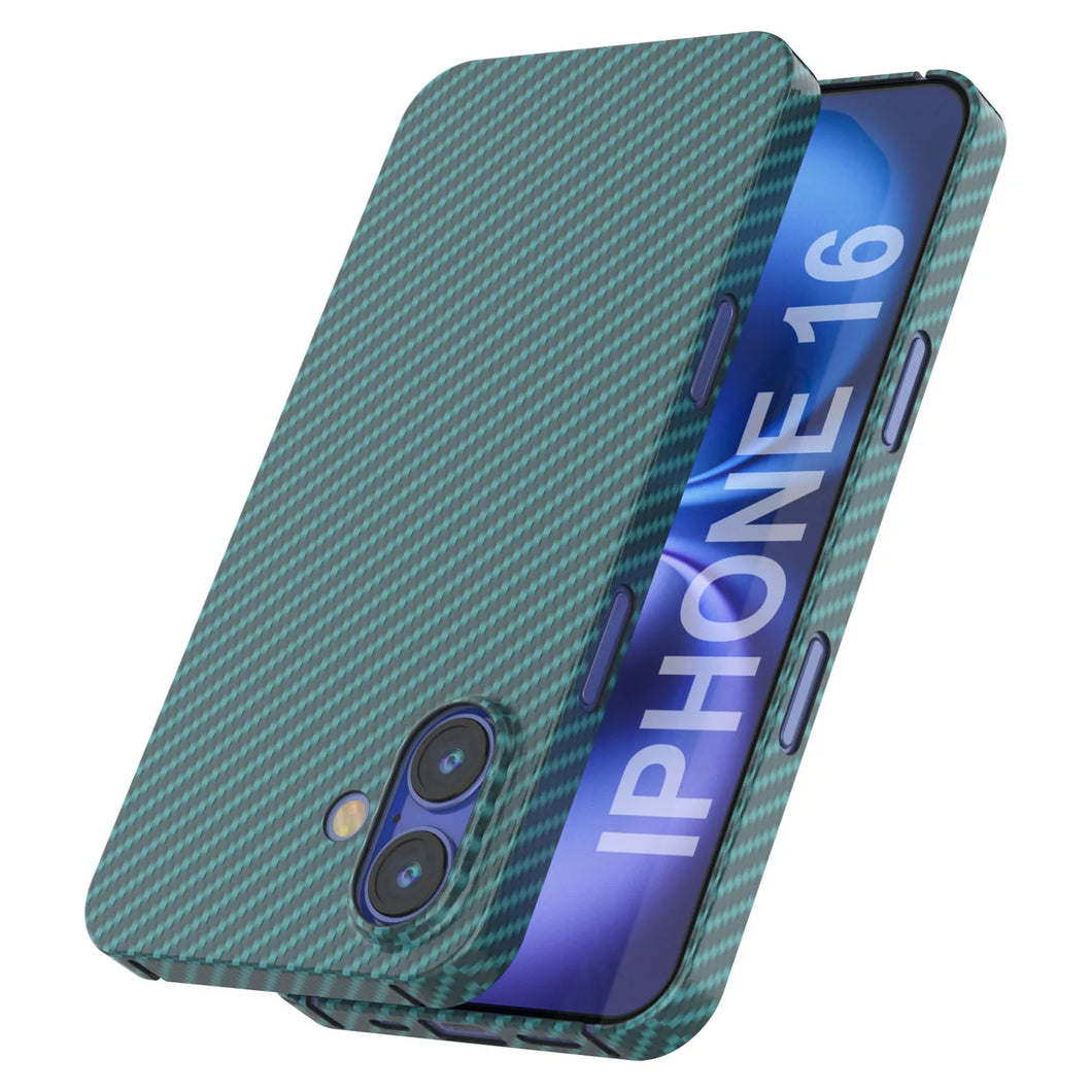 Funda Punkcase de fibra de carbono para iPhone 16 [Serie AramidShield], ultradelgada y ligera, de Kevlar [verde azulado]