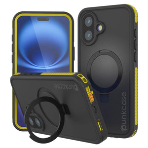 Funda impermeable para iPhone 16 Plus [Serie Kickstud 2.0] Cubierta protectora IP68 con protector de pantalla y soporte (amarillo)
