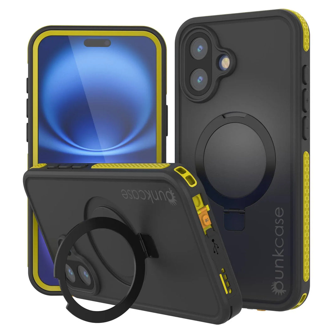Funda impermeable para iPhone 16 Plus [Serie Kickstud 2.0] Cubierta protectora IP68 con protector de pantalla y soporte (amarillo)