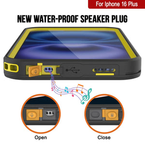 Funda impermeable para iPhone 16 Plus [Serie Kickstud 2.0] Cubierta protectora IP68 con protector de pantalla y soporte (amarillo)