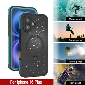 Funda impermeable para iPhone 16 Plus [Serie Kickstud 2.0] Cubierta protectora IP68 con protector de pantalla y soporte [Verde azulado]