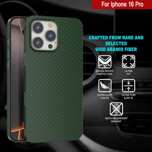 Funda Punkcase de fibra de carbono para iPhone 16 Pro [Serie AramidShield] Kevlar ultradelgada y ligera [Verde]