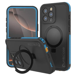 Funda impermeable para iPhone 16 Pro Max [Serie Kickstud 2.0] Cubierta protectora IP68 con protector de pantalla y soporte [Azul]