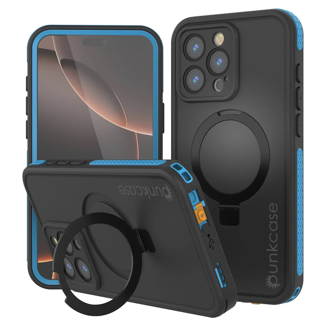 Funda impermeable para iPhone 16 Pro Max [Serie Kickstud 2.0] Cubierta protectora IP68 con protector de pantalla y soporte [Azul]