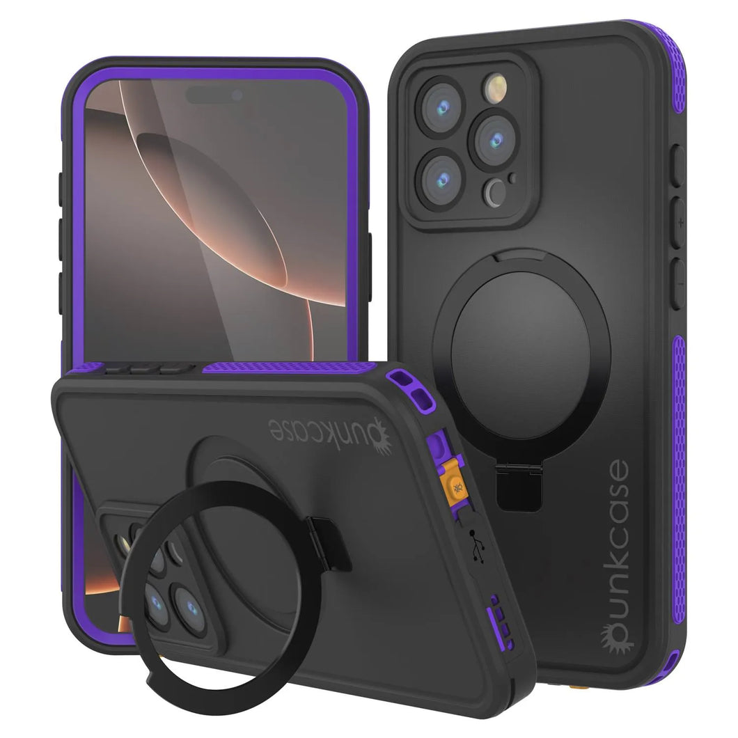Funda impermeable para iPhone 16 Pro Max [Serie Kickstud 2.0] Cubierta protectora IP68 con protector de pantalla y soporte [púrpura]