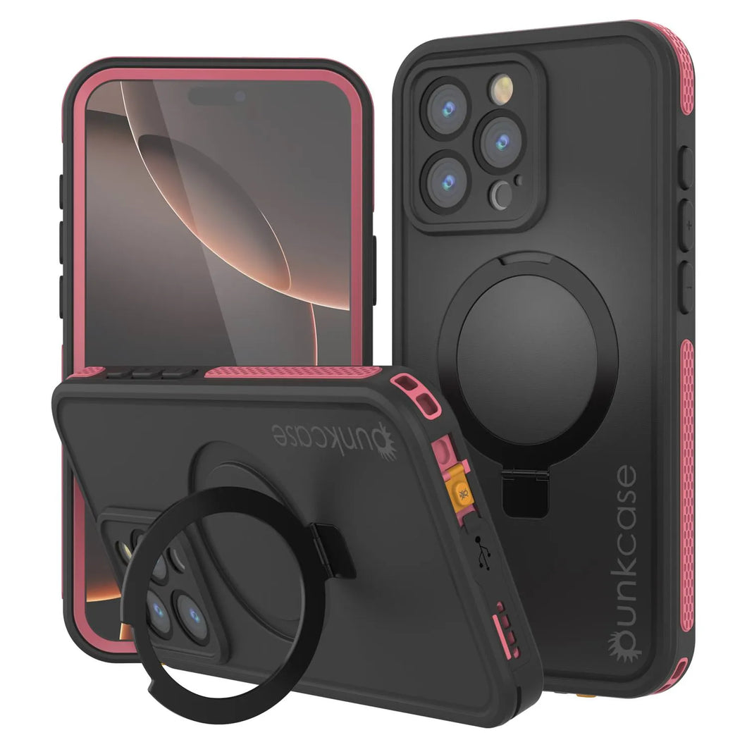 Funda impermeable para iPhone 16 Pro Max [Serie Kickstud 2.0] Cubierta protectora IP68 con protector de pantalla y soporte [rosa]