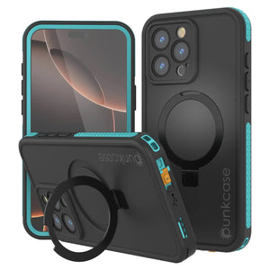 Funda impermeable para iPhone 16 Pro Max [Serie Kickstud 2.0] Cubierta protectora IP68 con protector de pantalla y soporte [Verde azulado]