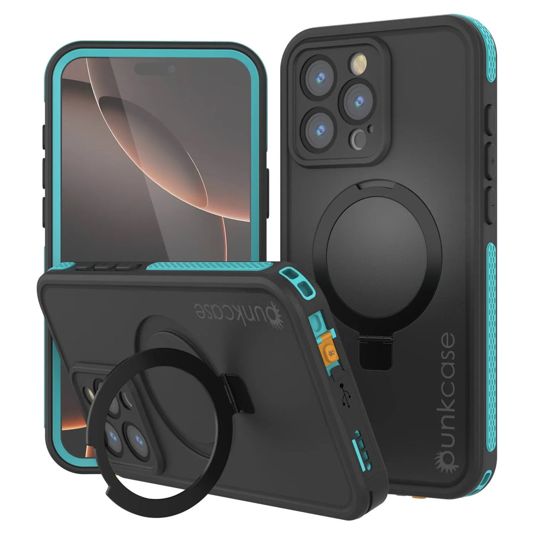 Funda impermeable para iPhone 16 Pro Max [Serie Kickstud 2.0] Cubierta protectora IP68 con protector de pantalla y soporte [Verde azulado]