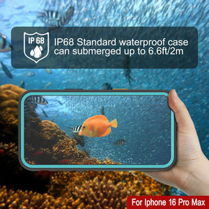 Funda impermeable para iPhone 16 Pro Max [Serie Kickstud 2.0] Cubierta protectora IP68 con protector de pantalla y soporte [Verde azulado]