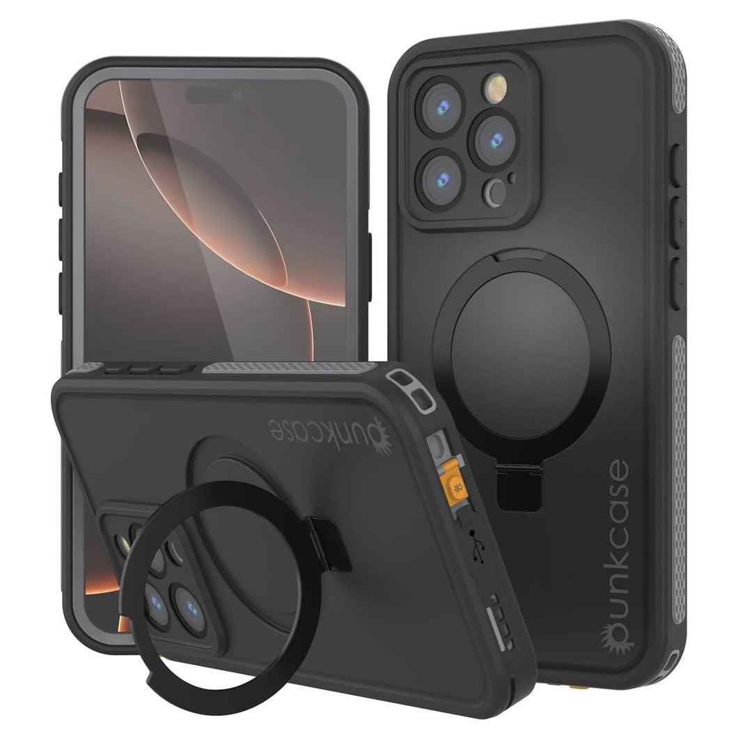 Funda impermeable para iPhone 16 Pro [Serie Kickstud 2.0] Cubierta protectora IP68 con protector de pantalla y soporte [gris]