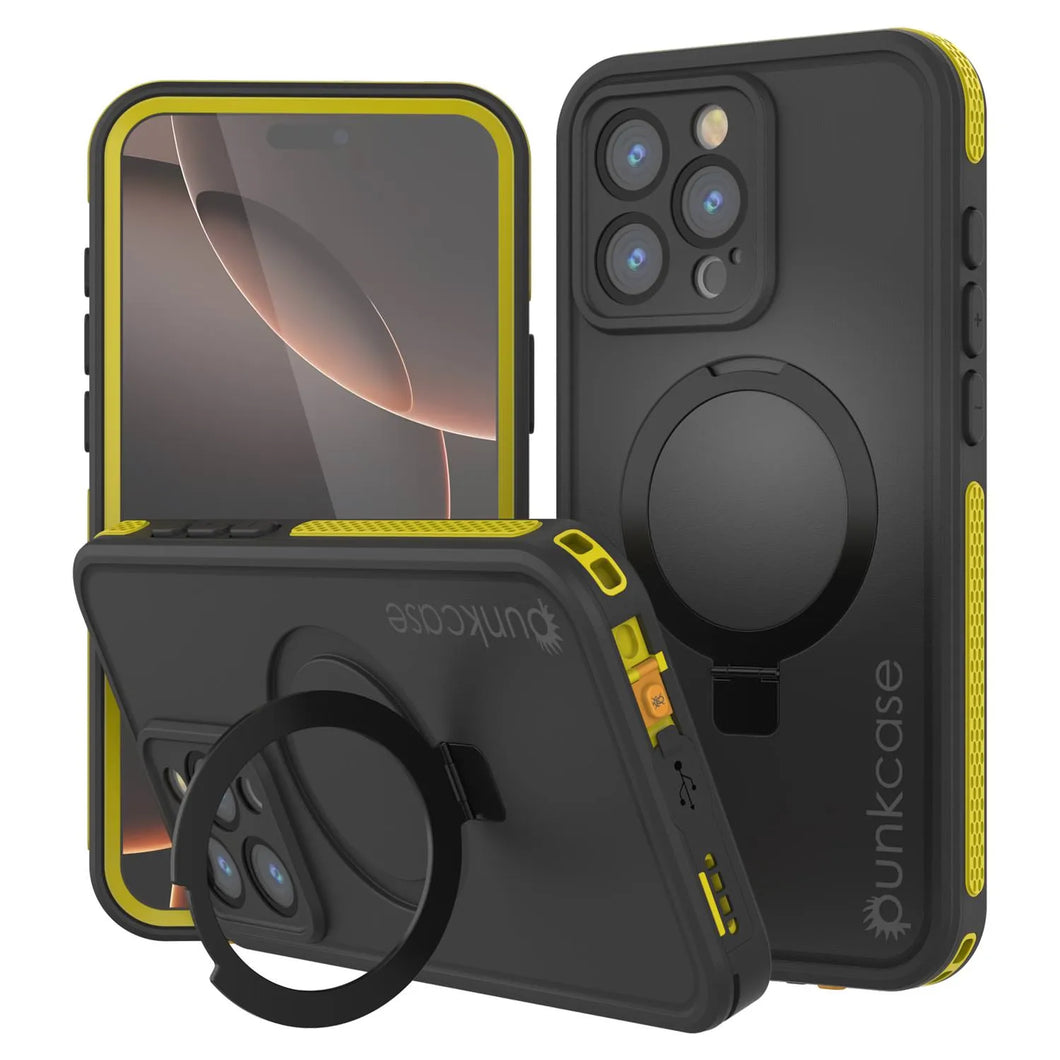 Funda impermeable para iPhone 16 Pro [Serie Kickstud 2.0] Cubierta protectora IP68 con protector de pantalla y soporte (amarillo)