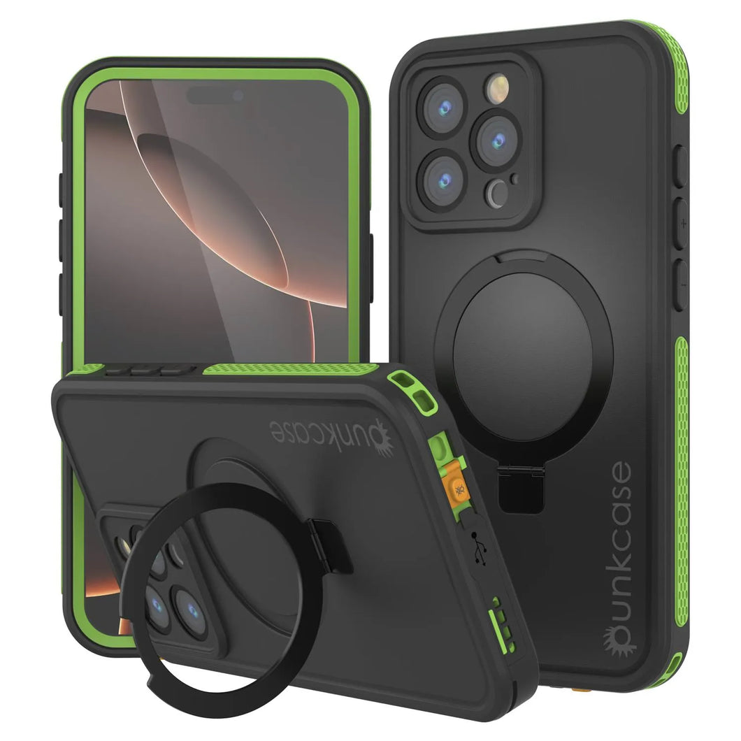 Funda impermeable para iPhone 16 Pro [Serie Kickstud 2.0] Cubierta protectora IP68 con protector de pantalla y soporte [Verde]