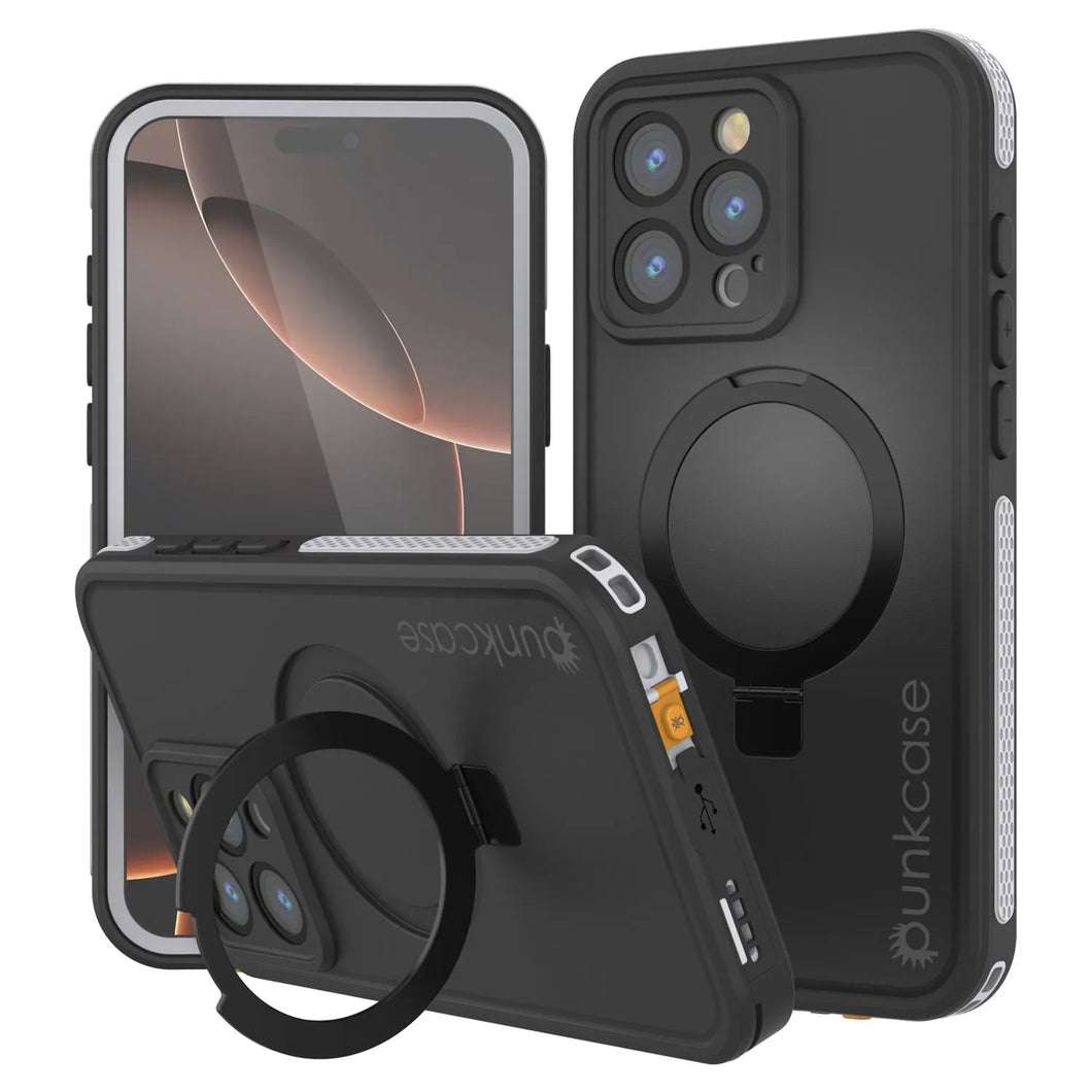 Funda impermeable para iPhone 16 Pro [Serie Kickstud 2.0] Cubierta protectora IP68 con protector de pantalla y soporte [Blanco]