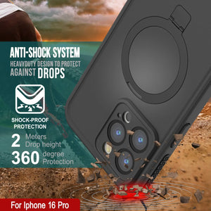 Funda impermeable para iPhone 16 Pro [Serie Kickstud 2.0] Cubierta protectora IP68 con protector de pantalla y soporte [Negro]