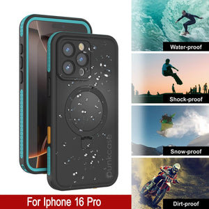 Funda impermeable para iPhone 16 Pro [Serie Kickstud 2.0] Cubierta protectora IP68 con protector de pantalla y soporte [Verde azulado]