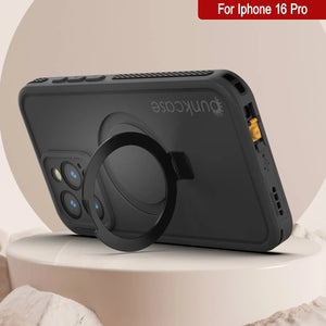 Funda impermeable para iPhone 16 Pro [Serie Kickstud 2.0] Cubierta protectora IP68 con protector de pantalla y soporte [Negro]