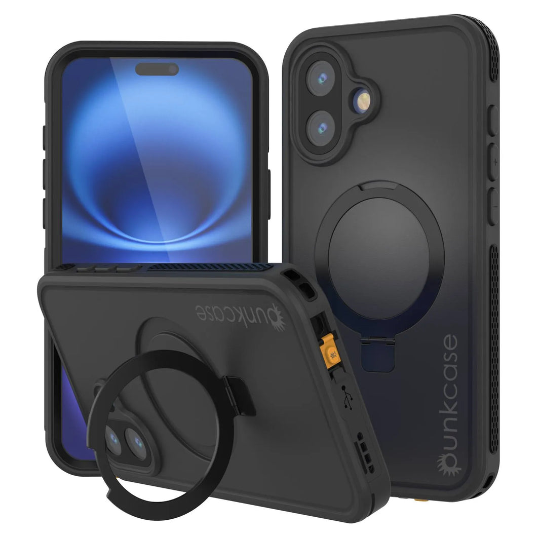 Funda impermeable para iPhone 16 [Serie Kickstud 2.0] Cubierta protectora IP68 con protector de pantalla y soporte [Negro]