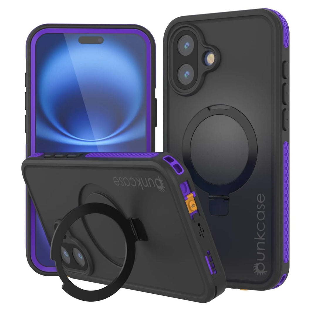 Funda impermeable para iPhone 16 [Serie Kickstud 2.0] Cubierta protectora IP68 con protector de pantalla y soporte [púrpura]